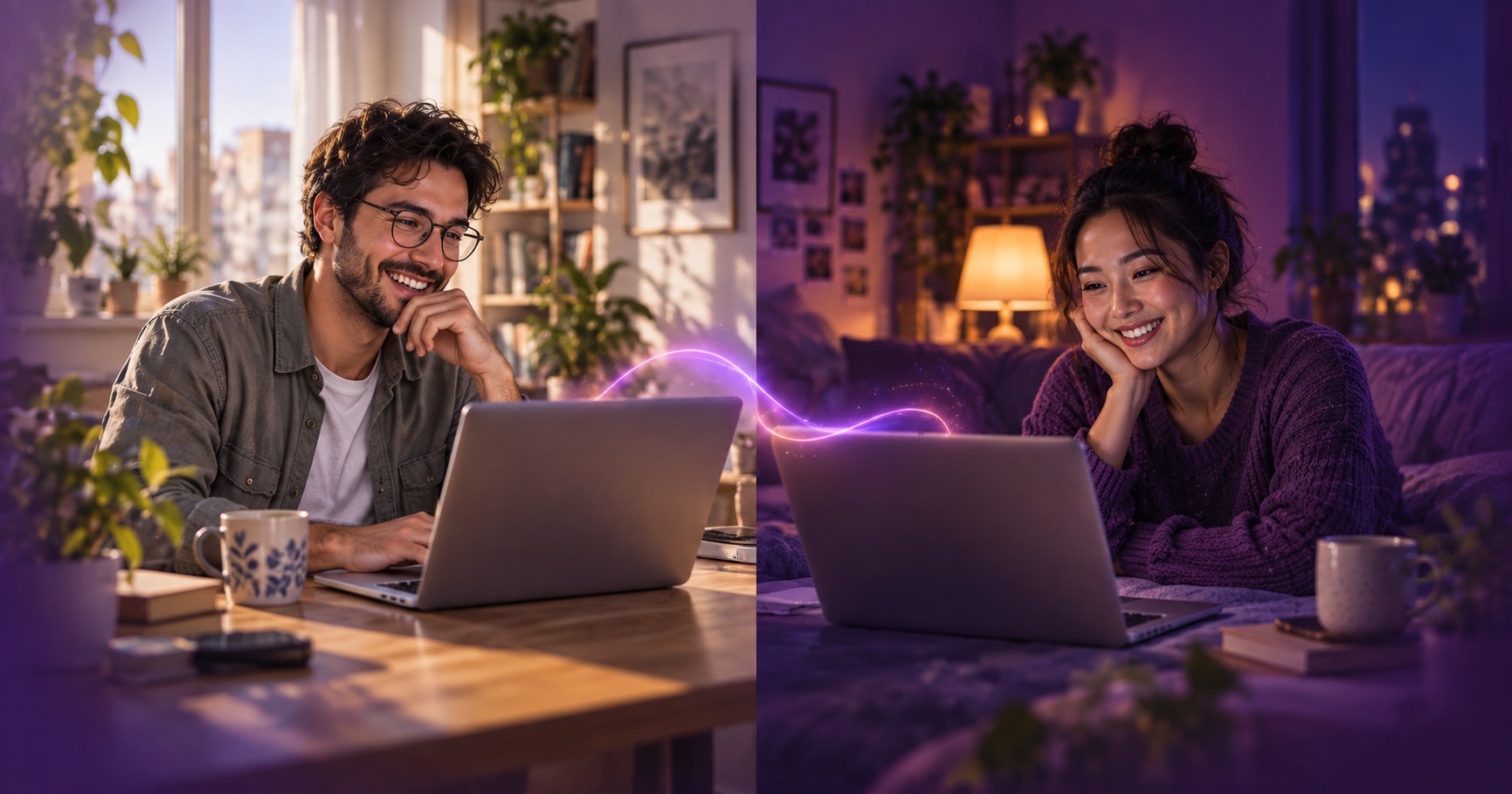 Illustration of two adults talking online across different times of day