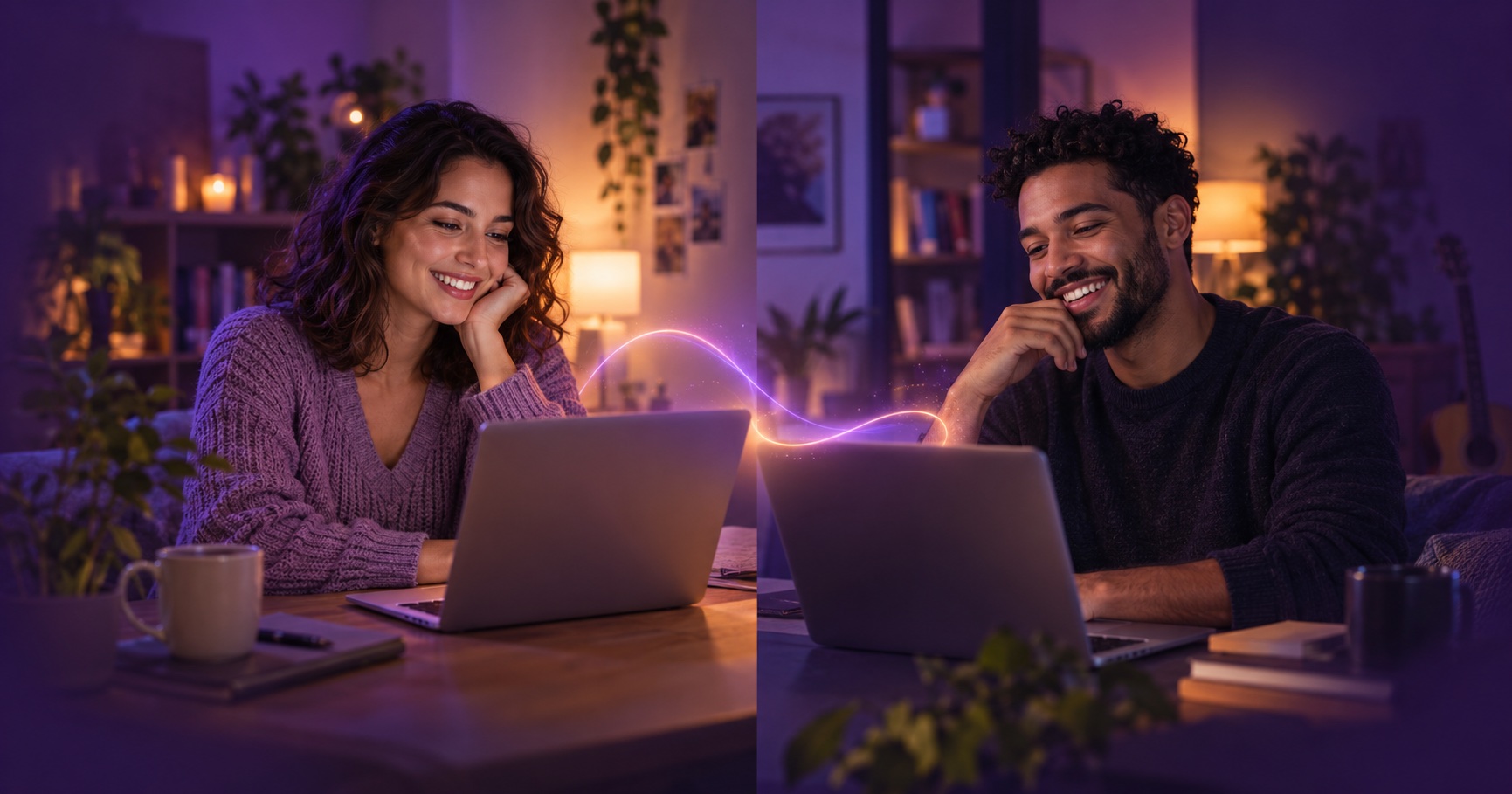 Illustration of two adults enjoying a friendly online conversation from separate spaces