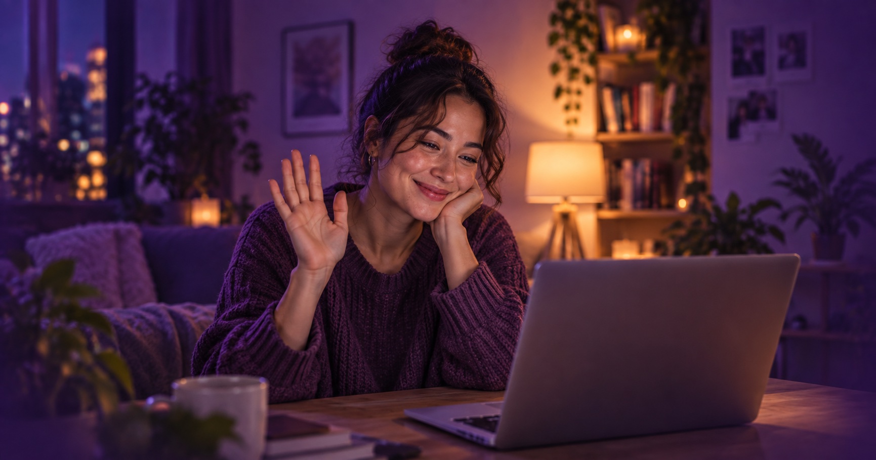 Illustration of an adult giving a friendly wave before an online conversation
